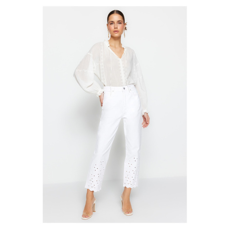 Trendyol High Waist Straight Jeans With White Embroidery