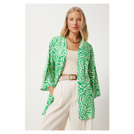 Happiness İstanbul Women's Green Bone Patterned Viscose Kimono