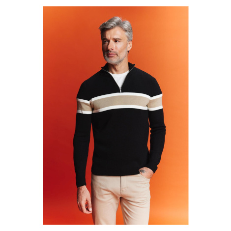 DEFACTO Black Standard Fit Regular Cut Stand Collar Zippered Striped Knitwear Sweater