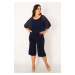 Şans Women's Plus Size Navy Blue Chiffon Detailed Jersey Jumpsuit