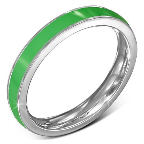 Tenký oceľový prsteň - obrúčka, zelený pruh, okraj striebornej farby - Veľkosť: 51 mm