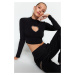 Trendyol Black Fitted Stone Printed Window/Cut Out Detailed Crop Knitted Blouse