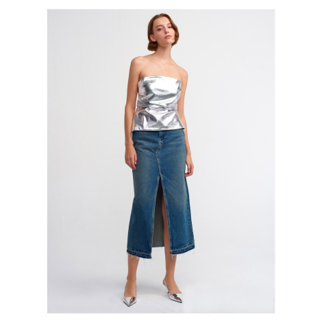 Dilvin 80555 Long Denim Skirt with Traces on the Bottom-Tint