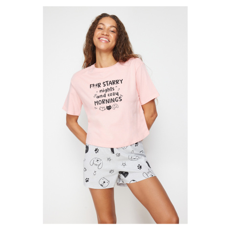 Trendyol Pink-Grey 100% Cotton Motto Printed Knitted Pajamas Set