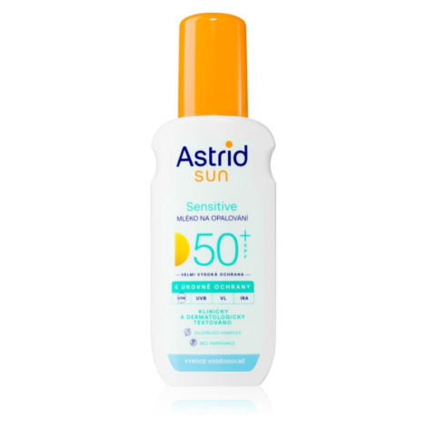 Astrid Sun Sensitive mlieko na opaľovanie v spreji SPF 50+ s vysokou UV ochranou