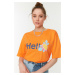 Trendyol Orange 100% Cotton Slogan Printed Relaxed/Wide Relaxed Cut Crew Neck Knitted T-Shirt