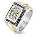 Oceľový prsteň striebornej a zlatej farby, čierne a číre zirkóny, obdĺžniky - Veľkosť: 69 mm