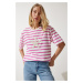 Happiness İstanbul Women's Pink White Striped Star Pearl Embroidered Oversize Knitted T-Shirt