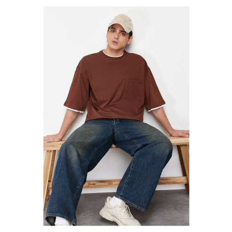 Trendyol Brown Oversize Pocket Piece Detailed 100% Cotton T-Shirt