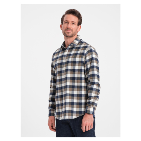 Ombre Classic men's flannel check cotton shirt - brown and navy blue