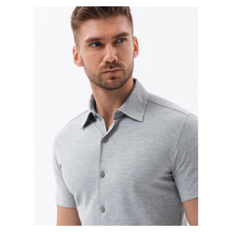 Ombre Men's knitted slim fit shirt with short sleeves and collar - grey