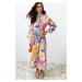 Trendyol Multicolored Grand Collar Drawstring Gathered Detailed Abstract Woven Dress