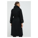 Vlnený kabát Sisley čierna farba, prechodný, dvojradový
