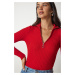 Happiness İstanbul Women's Red Zipper High Collar Ribbed Knitwear Blouse