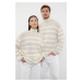 Trendyol Beige FL Oversize Turtleneck Striped Knitwear Sweater