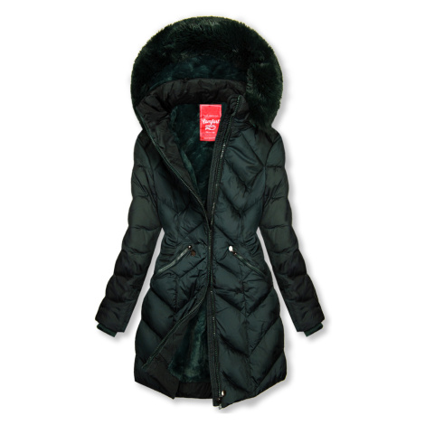 Tmavozelená prešívaná zimná bunda s odopínateľnou kapucňou