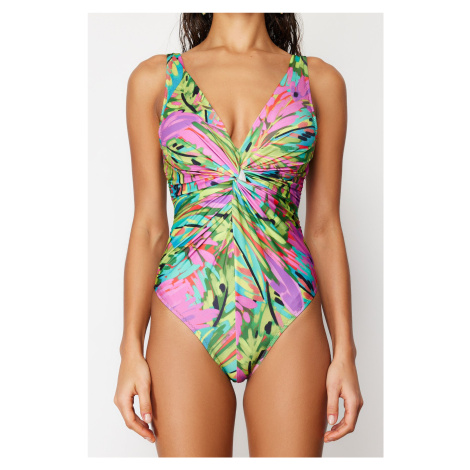 Trendyol Tropical Patterned Deep V Neck Knotted High Leg Regular Swimsuit