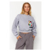 Trendyol Gray Melange Fleece Inside Printed Crew Neck Relaxed Cut Crop Knitted Sweatshirt
