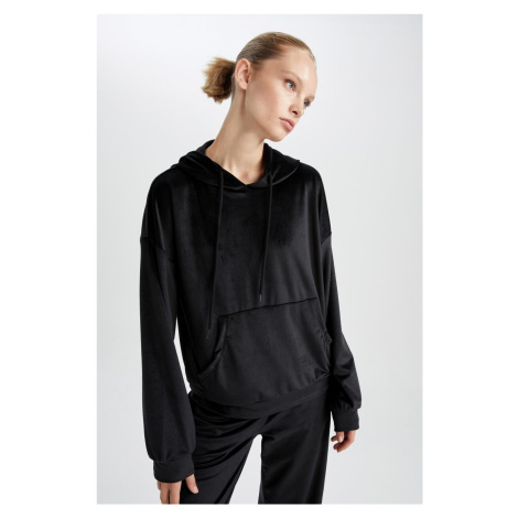 DEFACTO Regular Fit Hooded Basic Velvet Sweatshirt with Kangaroo Pocket