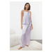 Trendyol Lilac Striped Back Tie Detail Cowl Neck Rope Strap Satin Woven Pajama Set