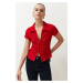 Trendyol Red Regular/Normal Fit Polo Neck Gather/Drape Detailed Zippered Knitted Blouse