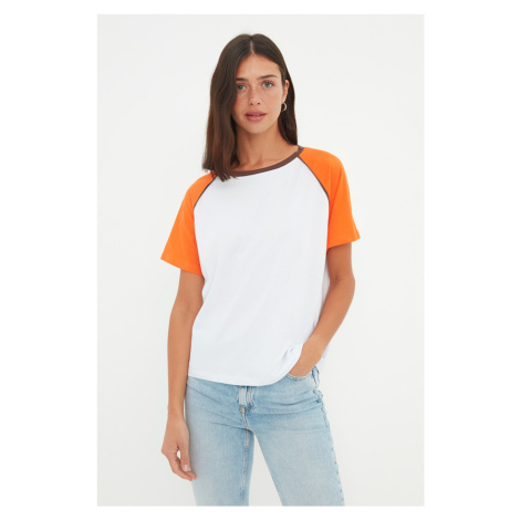 Trendyol Orange 100% Cotton Color Block Comfortable Cut, Basic Raglan Sleeve Crew Neck Knitted T