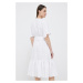 Ľanové šaty Lauren Ralph Lauren biela farba, midi, áčkový strih