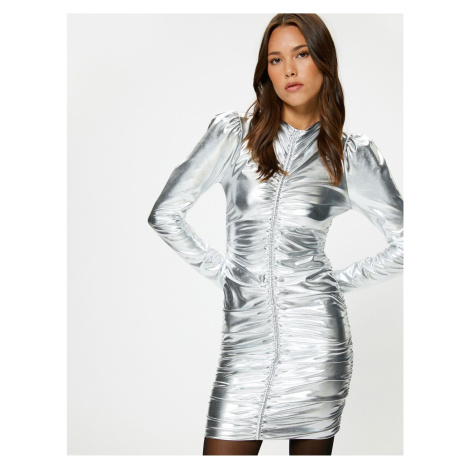 Koton Mini Metallic Dress Draped Long Sleeve