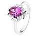 Zásnubný prsteň zo striebra 925, oválny fialový kamienok, zirkónový lem - Veľkosť: 53 mm