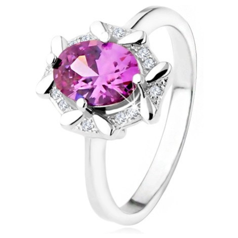 Zásnubný prsteň zo striebra 925, oválny fialový kamienok, zirkónový lem - Veľkosť: 53 mm