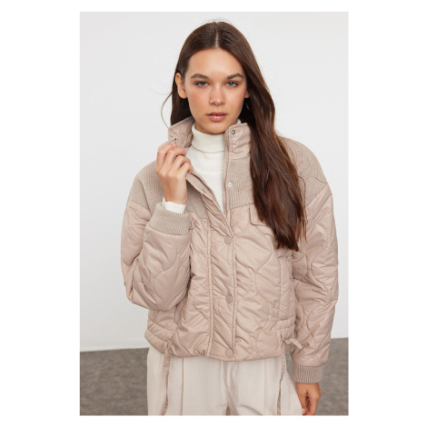 Trendyol Beige Oversize Knitwear Detailed Quilted Puffer Coat