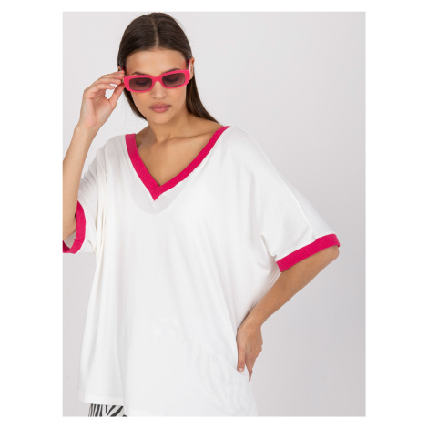 White and pink viscose casual blouse with short sleeves