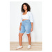 Trendyol Curve Blue Leg Tassel Detailed Stretchy Skinny Denim Shorts