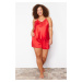 Trendyol Curve Red Lace Detailed Satin Woven Pajamas Set