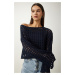 Happiness İstanbul Women's Navy Blue Openwork Crop Knitwear Sweater