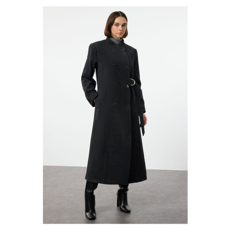 Trendyol Anthracite Belted Double Breasted Regular Wool Long Overcoat Form Lined Coat