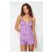 Trendyol Purple Lace and Ruffle Detailed Rope Strap Woven Pajama Set