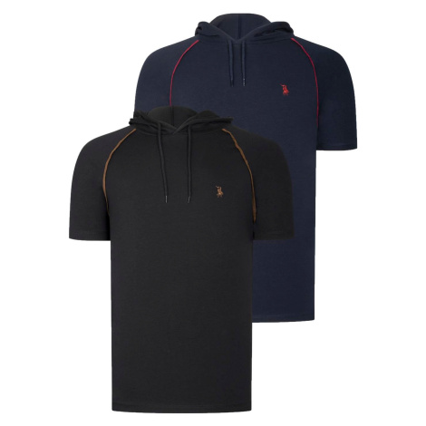 DUAL SET T8570 DEWBERRY HOODED MENS T-SHIRT-BLACK-NAVY BLUE