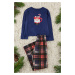 Trendyol Navy Blue 100% Cotton Christmas Themed Knitted Pajamas Set