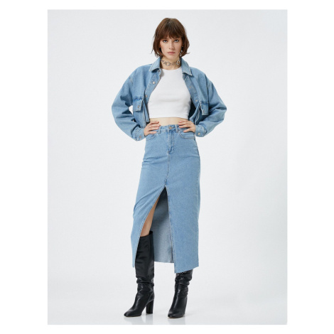 Koton Midi Denim Skirt Slit High Waist Buttoned Cotton