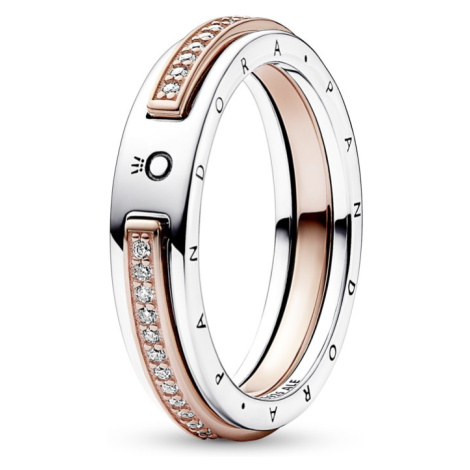 Pandora Originálny bicolor prsteň so zirkónmi Signature Logo 182773C01 54 mm