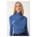 Happiness İstanbul Women's Indigo Blue Gathered Detailed High Neck Sandy Blouse