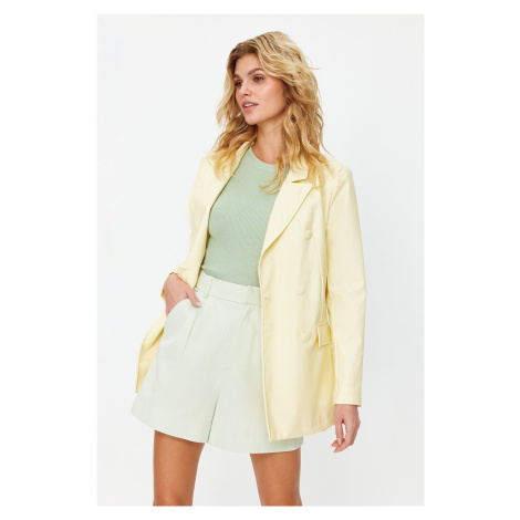 Trendyol Light Yellow Double Breasted Closure Woven Lined Faux Leather Blazer Jacket
