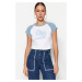 Trendyol Blue 100% Cotton Printed Fitted/Simple Crop Crew Neck Knitted T-Shirt