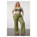 Trendyol Curve Khaki Slit Detailed High Waist Wrapped Wide Leg Beach Wear Woven Trousers