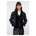 Trendyol Black Regular Fit Plush Detailed Faux Leather Biker Jacket Coat