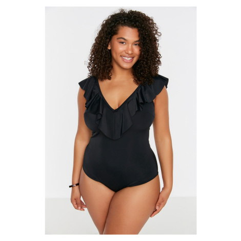 Trendyol Curve Black Deep V-Neck Flounce Throw Lined Swimsuit