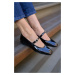 Madamra Black Patent Leather Women's Flat Toe Single Band Flat Shoes