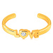 Prsteň zo žltého zlata 585 s otvorenými ramenami - nápis "LOVE", okrúhly číry zirkón v srdiečku 