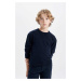 DEFACTO Boy Navy Blue Crew Neck Basic Plain Knitwear School Sweater